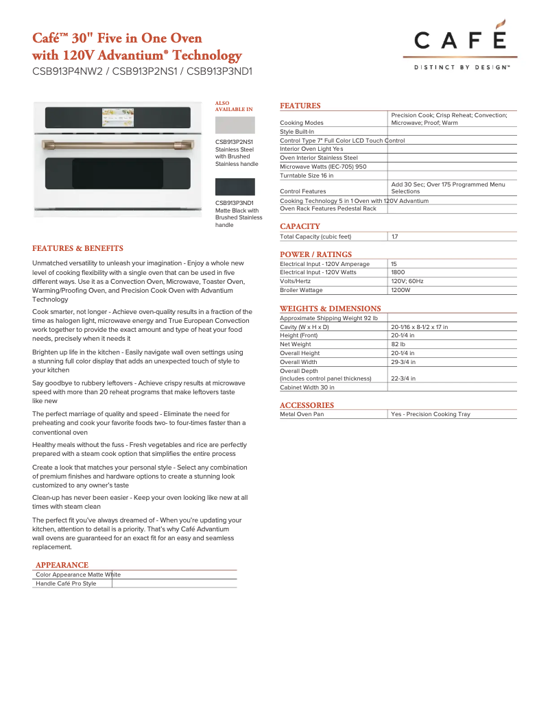 Página 1 del manual Ficha técnica GE Café CSB913P4NW2