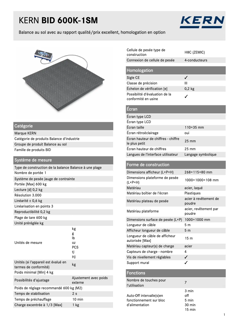 Página 1 del manual Ficha técnica Kern BID 600K-1SM