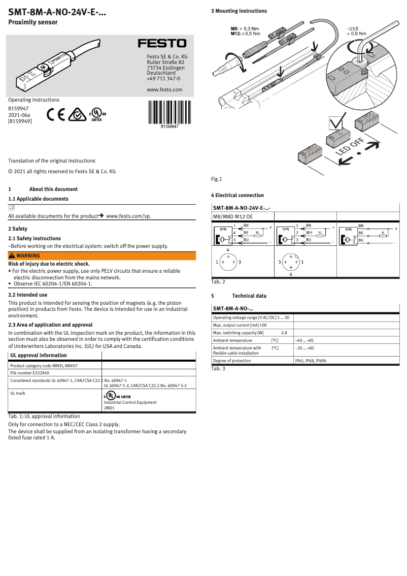 Imagen de la primera página del manual del dispositivo SMT-8M-A-NO-24V-E-7,5-OE