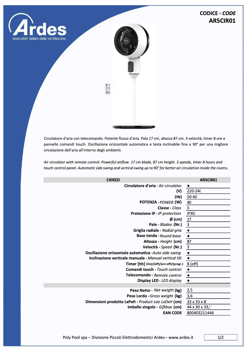 Imagen de la primera página del manual del dispositivo ARCIR01