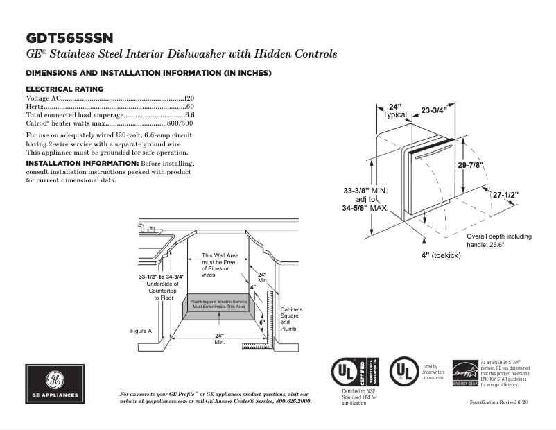 Página 1 del manual Ficha técnica GE GDT565SSNSS