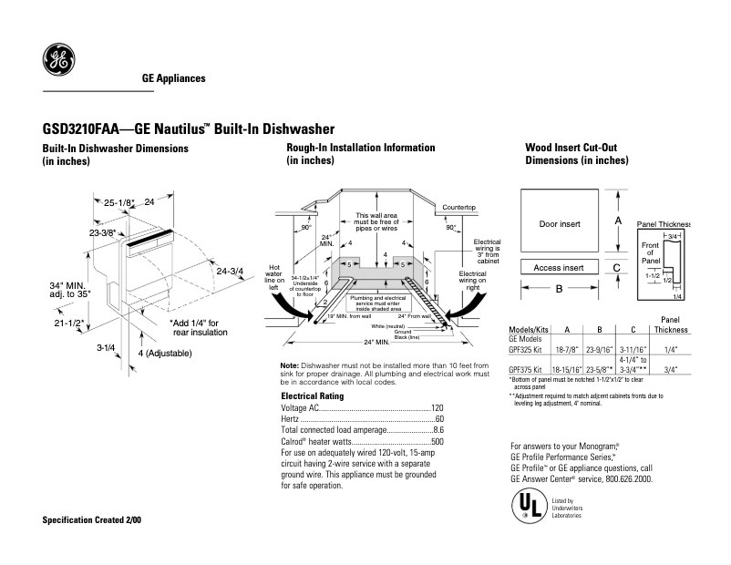 Página 1 del manual Ficha técnica GE GSD3210FAA