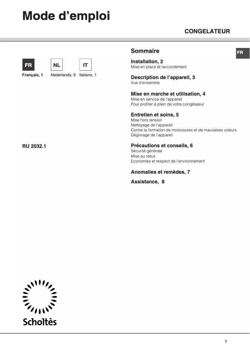 Página 1 del manual Manual de usuario Scholtès RU 2032.1