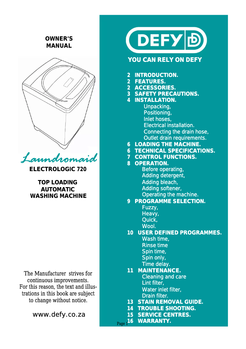 Página 1 del manual Manual de usuario Defy Laundromaid Electrologic 720