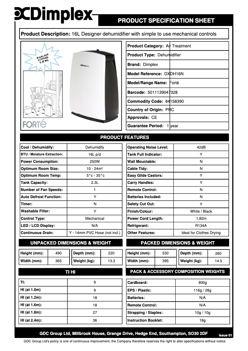 Página 1 del manual Ficha técnica Dimplex DXDH16N