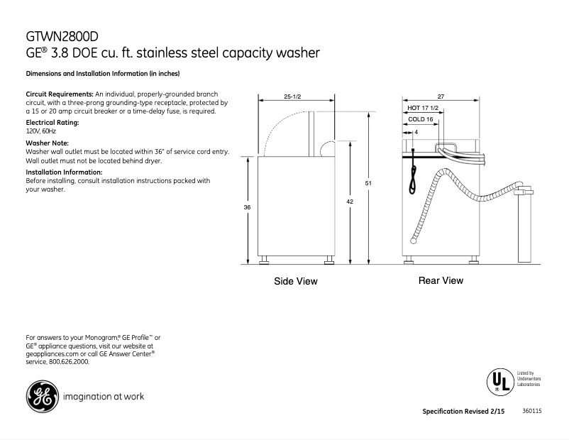 Página 1 del manual Ficha técnica GE GTWN2800DWW