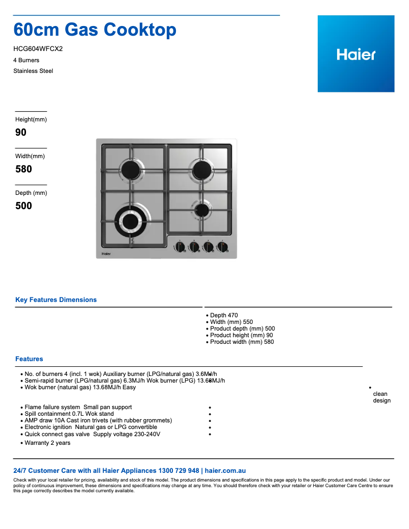 Página 1 del manual Ficha técnica Haier HCG604WFCX2