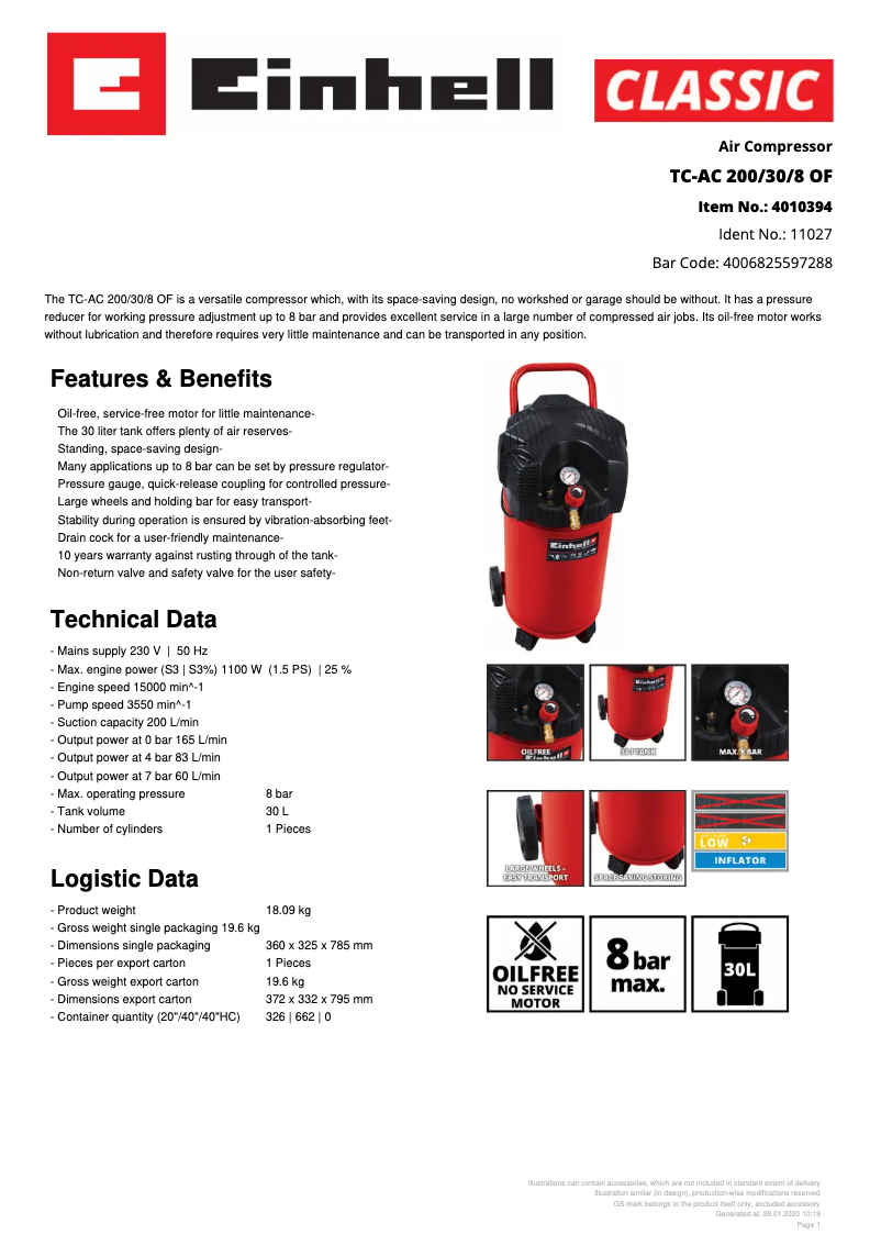 Página nº 1 - Ficha técnica Einhell TC-AC 200/30/8 OF