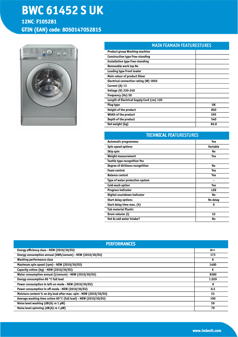 Página 1 del manual Ficha técnica Indesit BWC 61452 S UK