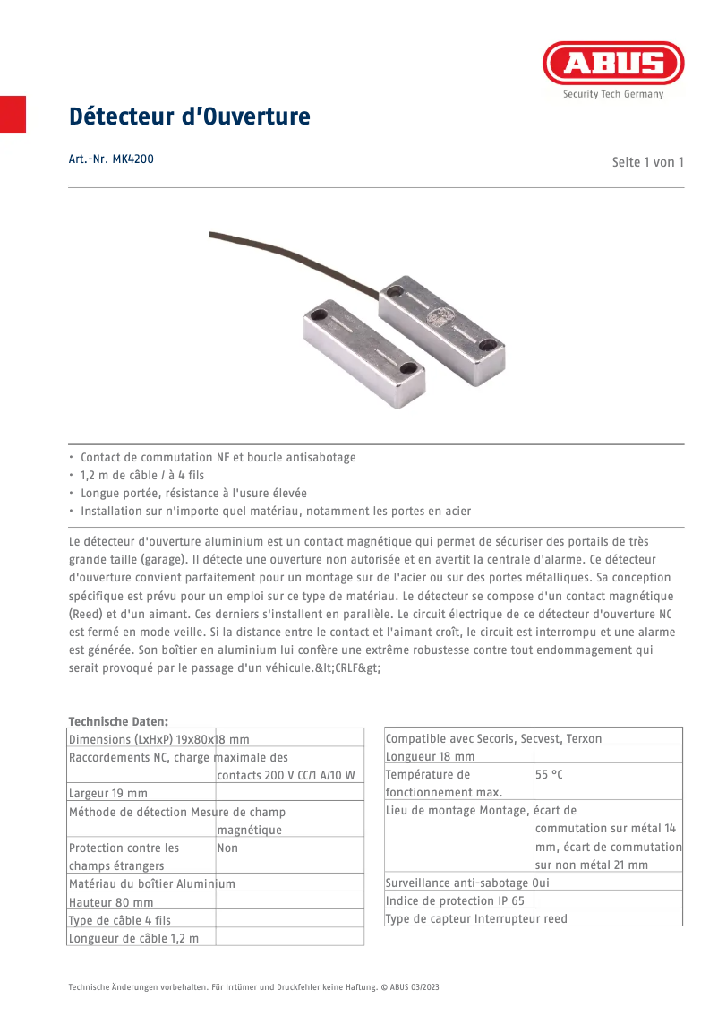 Página 1 del manual Ficha técnica Abus MK4200