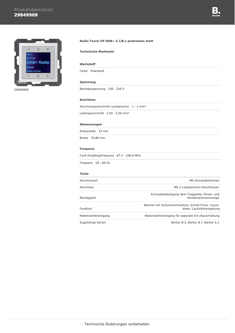 Página 1 del manual Ficha técnica Berker 29849909