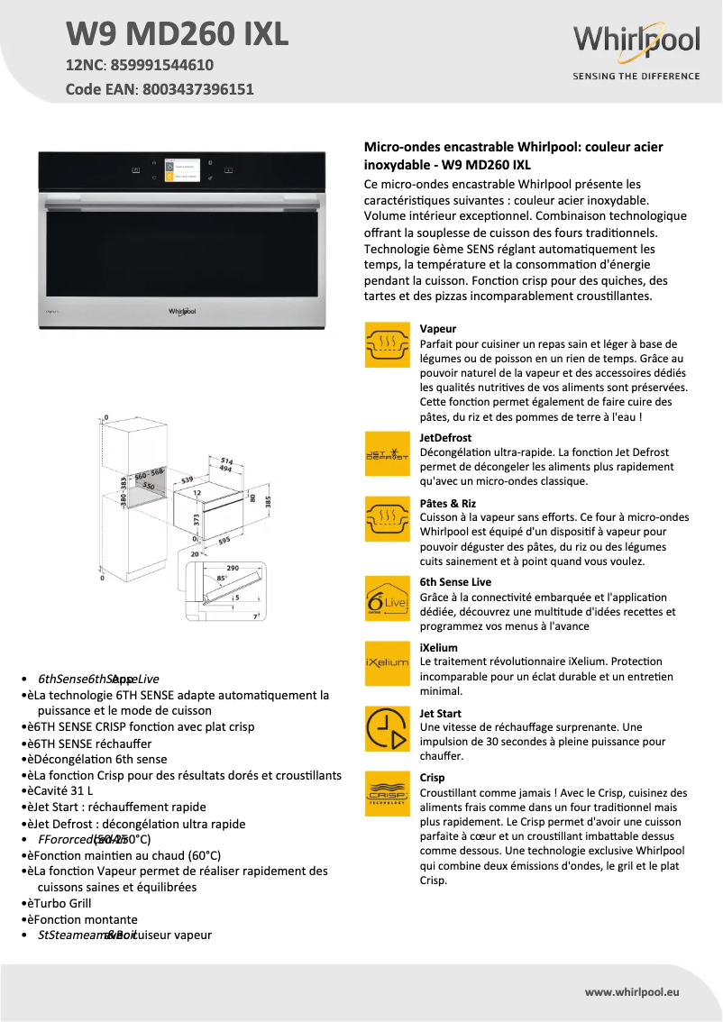 Página 1 del manual Ficha técnica Whirlpool W9 MD260 IXL