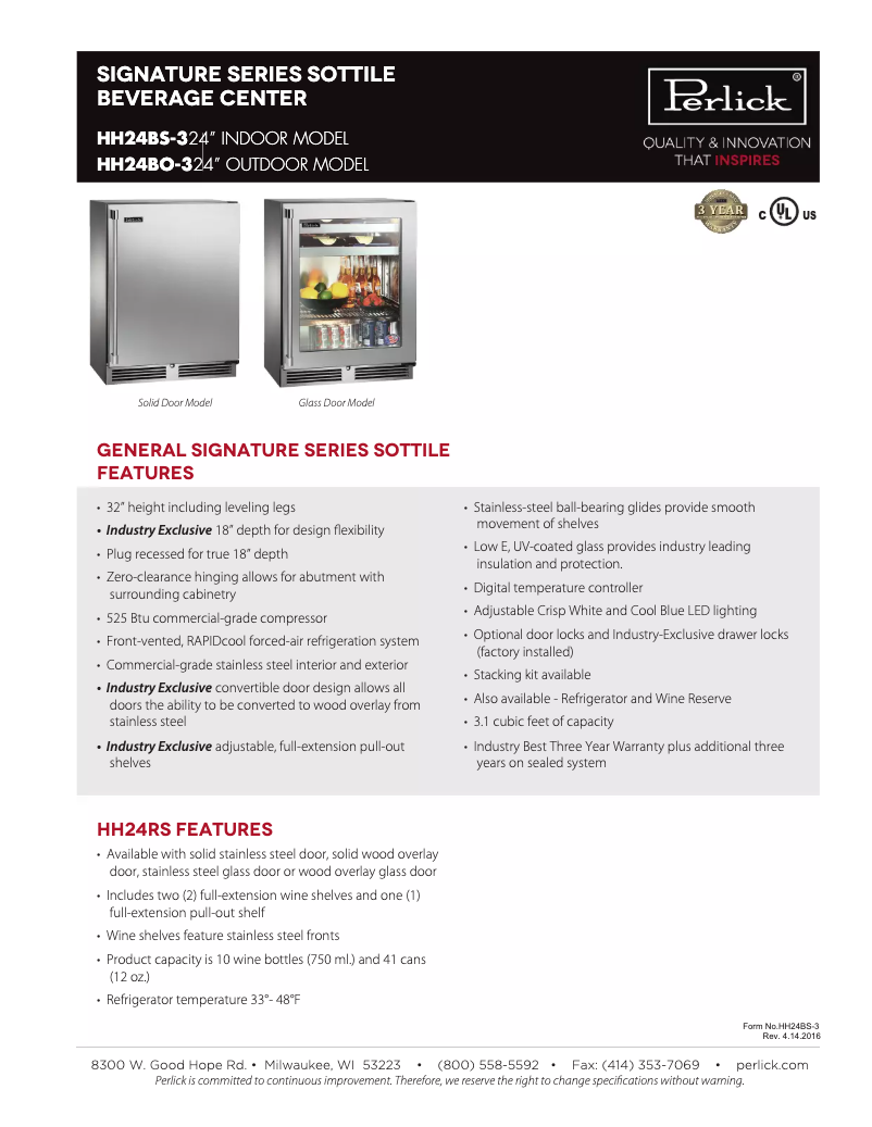 Página 1 del manual Ficha técnica Perlick Signature Series HH24BO-3-3L