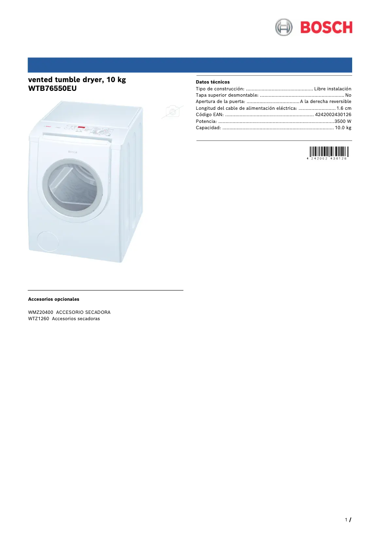 Página 1 del manual Ficha técnica Bosch WTB76550EU
