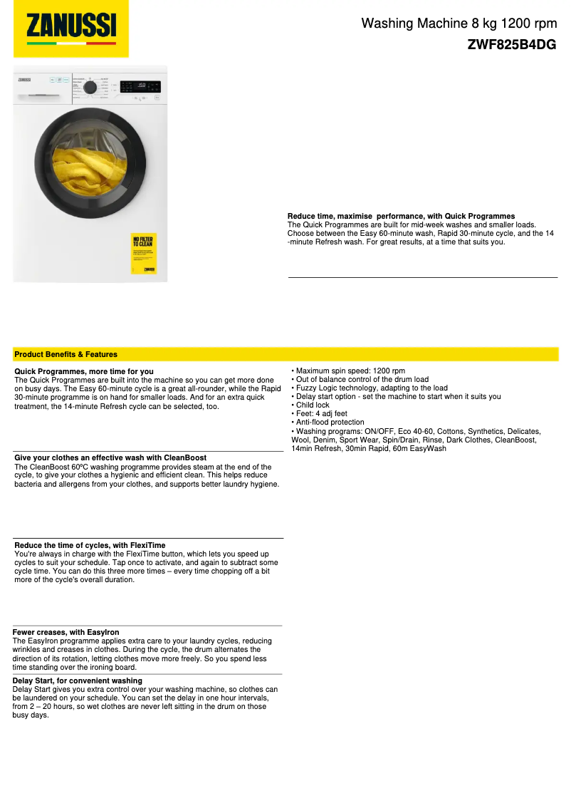 Página 1 del manual Ficha técnica Zanussi ZWF825B4DG