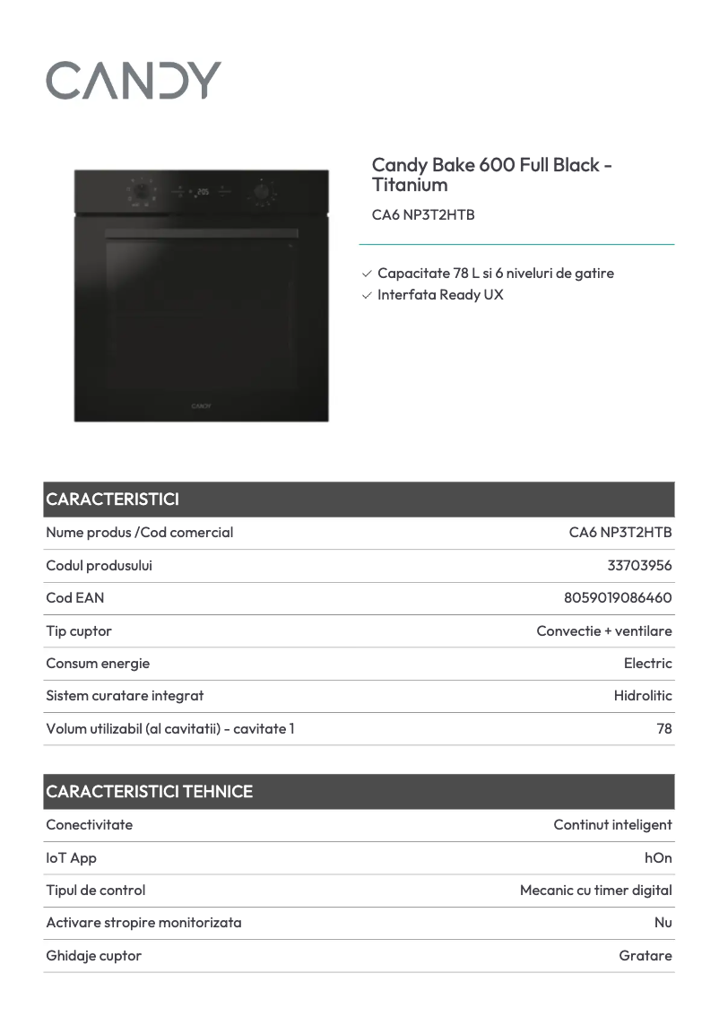 Página 1 del manual Ficha técnica Candy CA6 NP3T2HTB