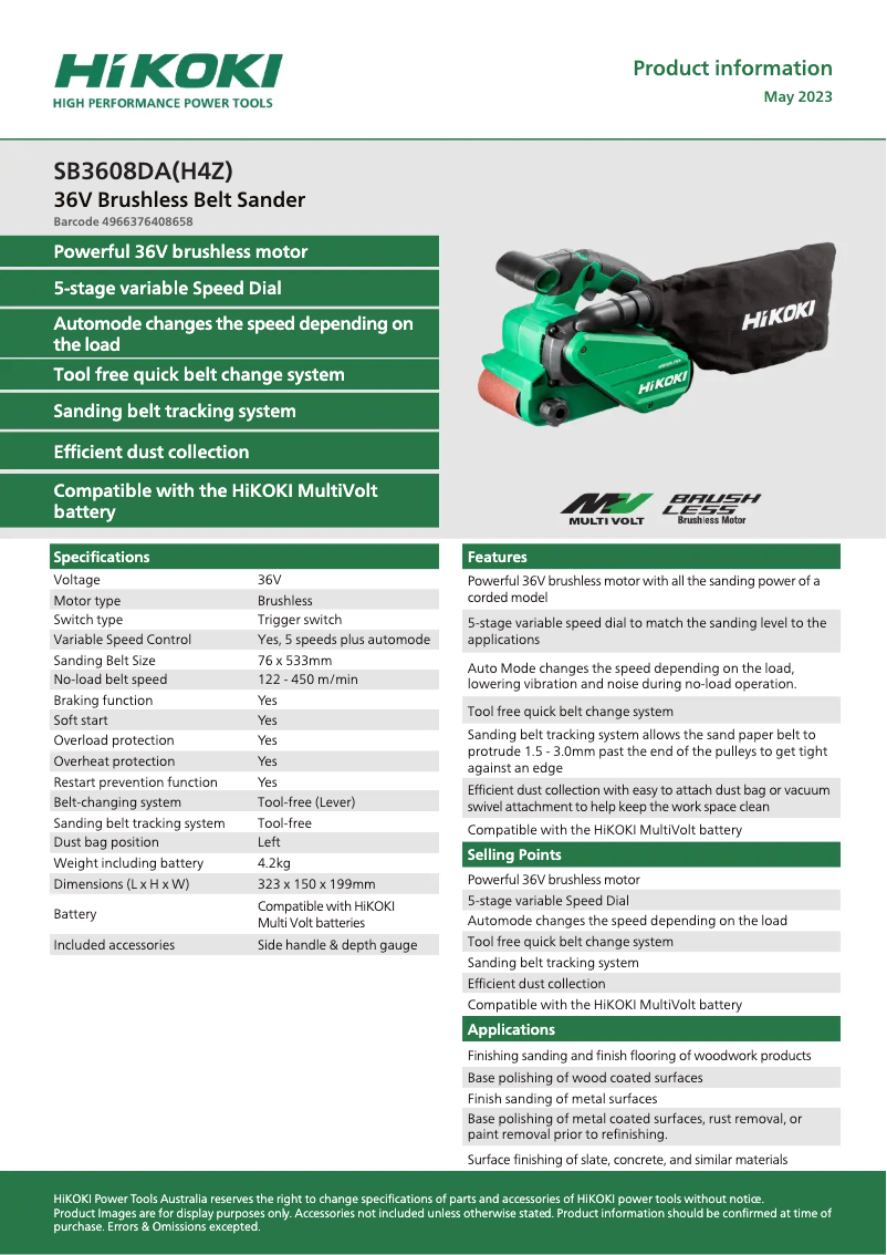 Página 1 del manual Ficha técnica HiKOKI SB 3608DA