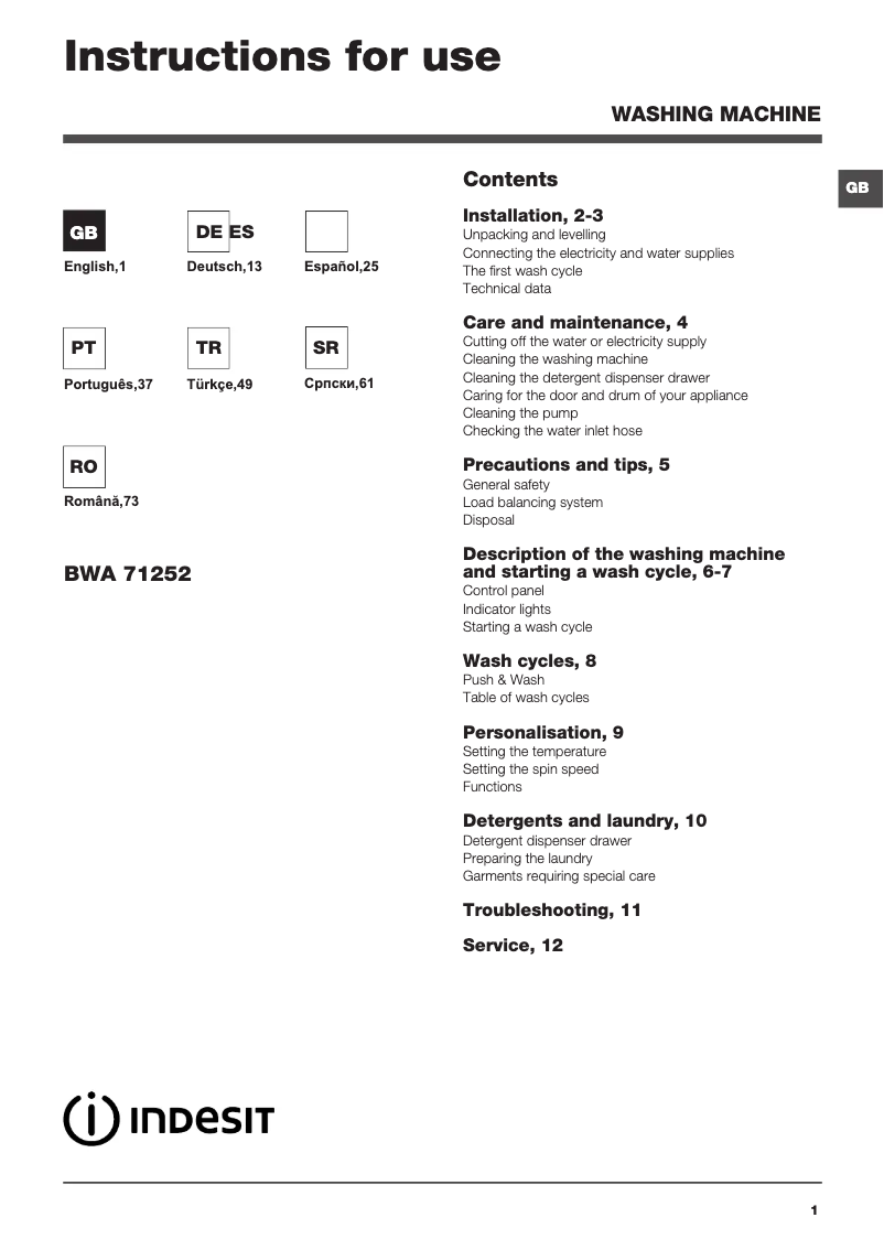 Página 1 del manual Manual de usuario Indesit BWA 71252 W EU