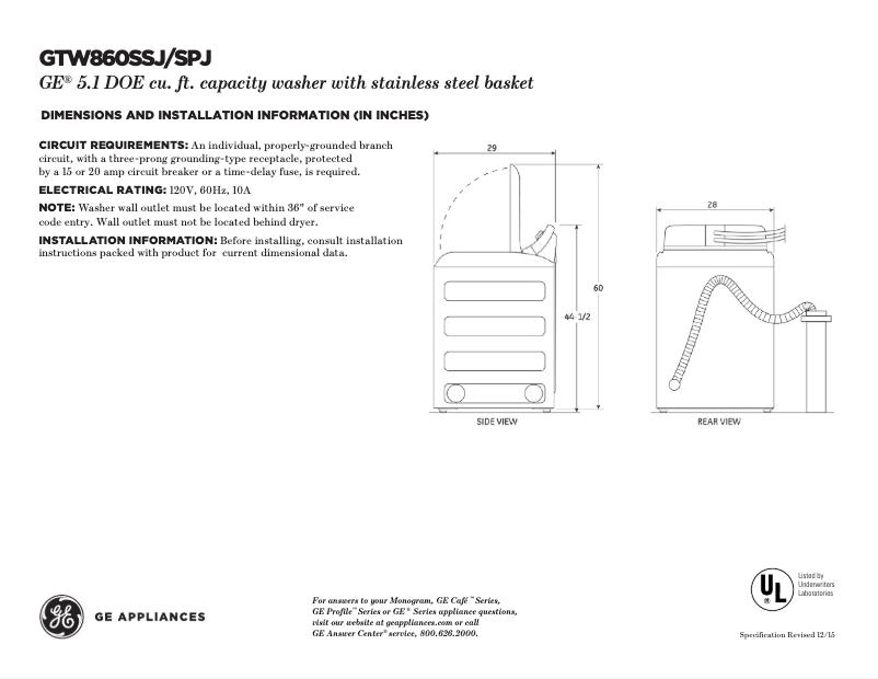Página 1 del manual Ficha técnica GE GTW860SPJMC