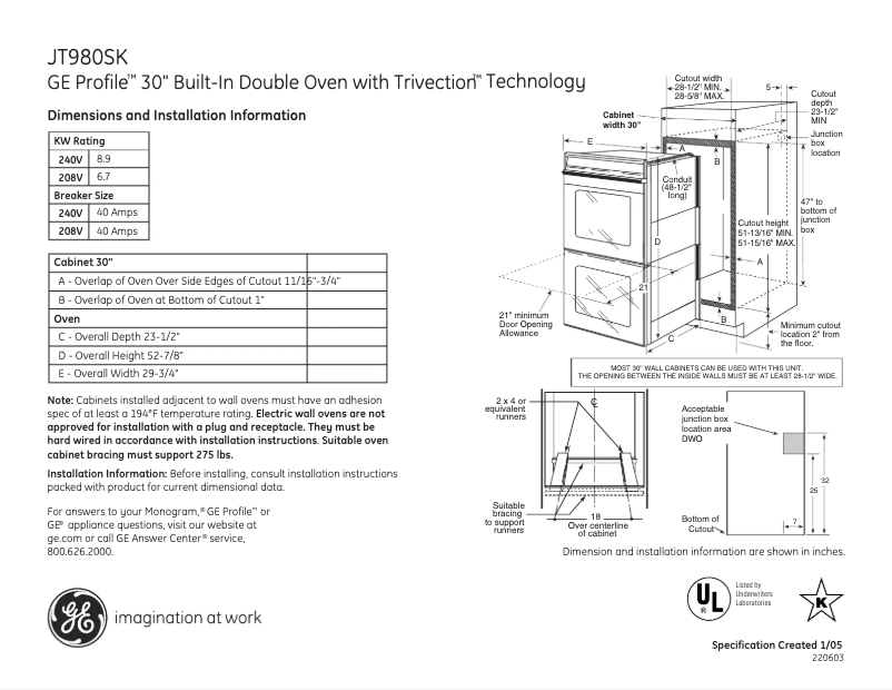Página 1 del manual Ficha técnica GE JT980SKSS
