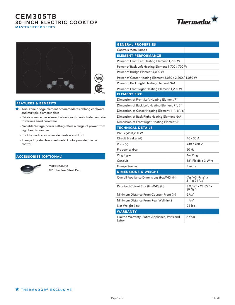Página 1 del manual Ficha técnica Thermador Masterpiece CEM305TB