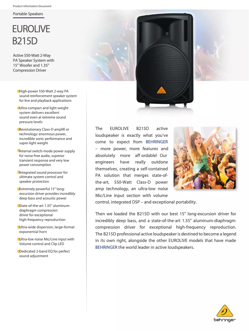 Imagen de la primera página del manual del dispositivo Eurolive B215D