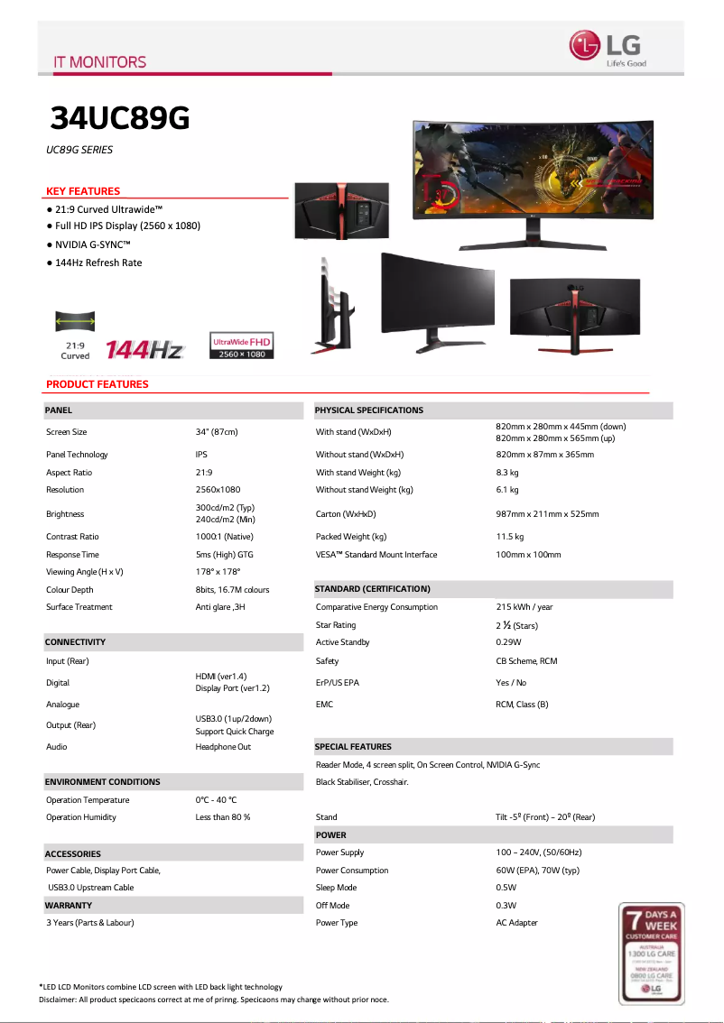 Página 1 del manual Ficha técnica LG 34UC89G-B