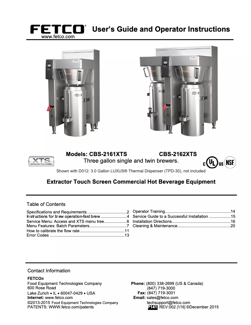 Página 1 del manual Manual de usuario Fetco CBS-2161XTS