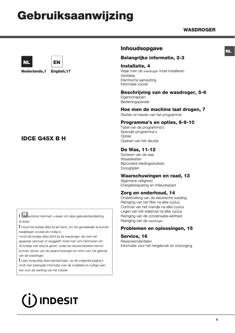 Página 1 del manual Manual de usuario Indesit IDCE G45X B H PS