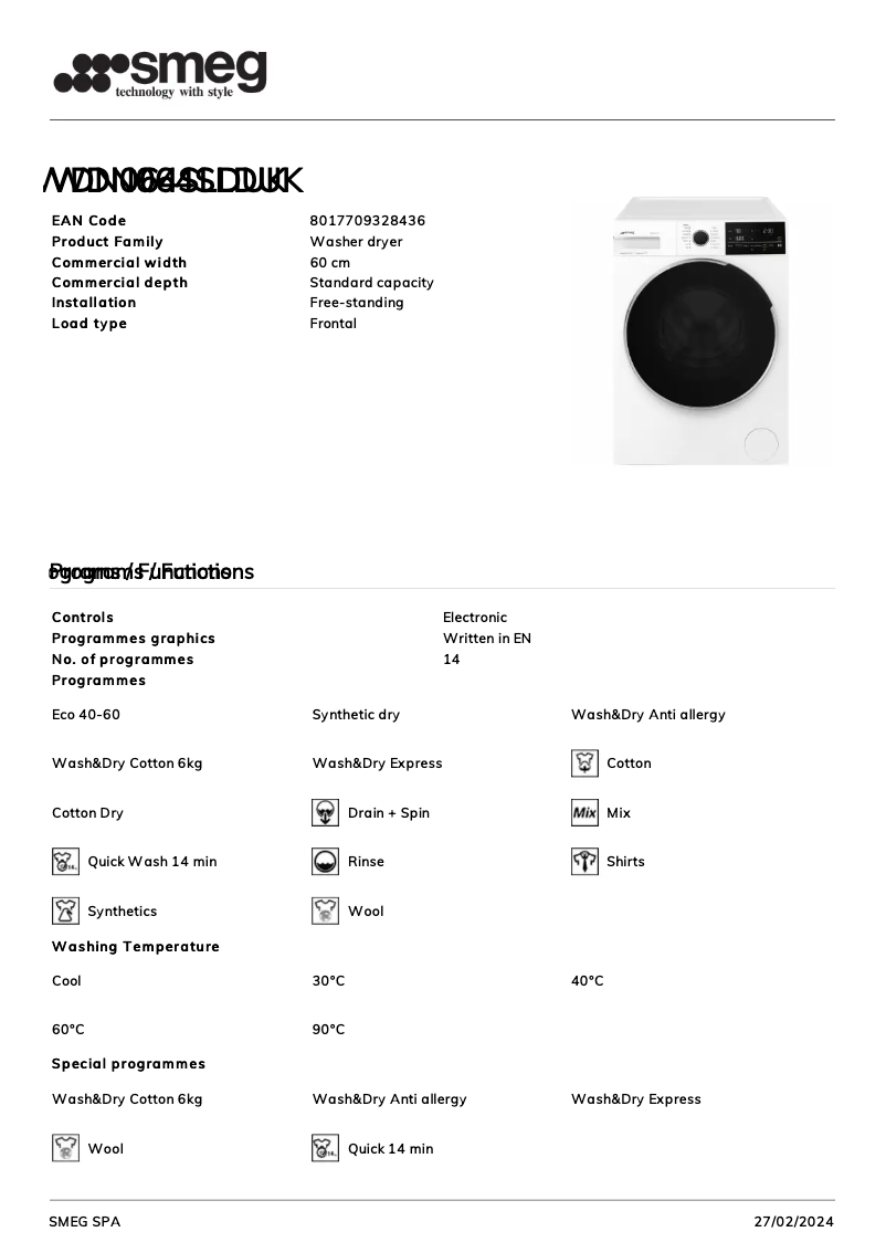 Página 1 del manual Ficha técnica Smeg WDN064SLDUK