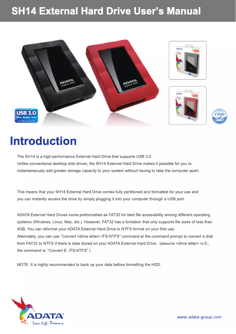 Página nº 1 - Manual de usuario ADATA SH14BK/1TB