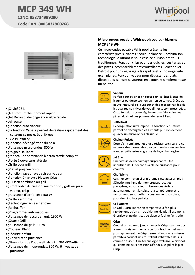 Página 1 del manual Ficha técnica Whirlpool MCP 349 WH