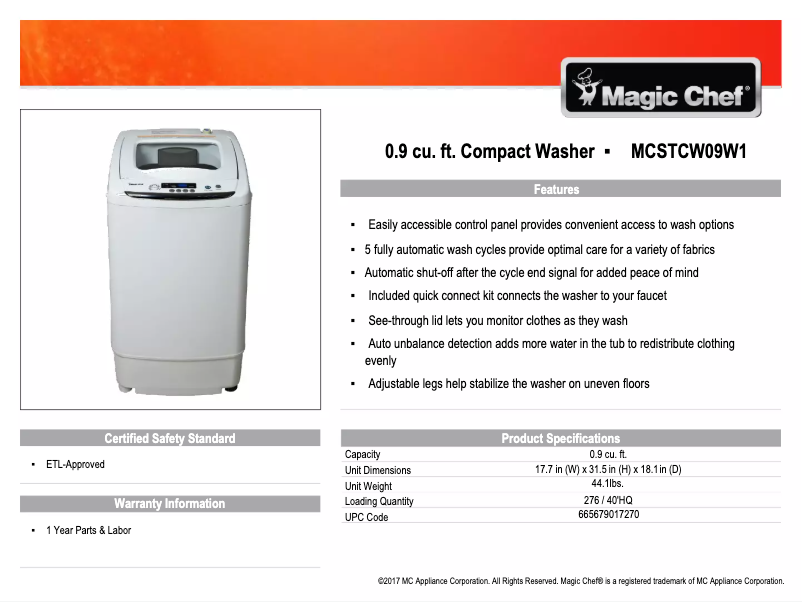 Página 1 del manual Ficha técnica Magic Chef MCSTCW09