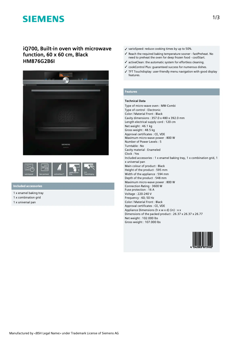 Página 1 del manual Manual de usuario Siemens HM876G2B6I