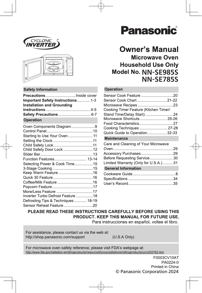 Imagen de la primera página del manual del dispositivo Cyclonic Inverter NN-SE785S