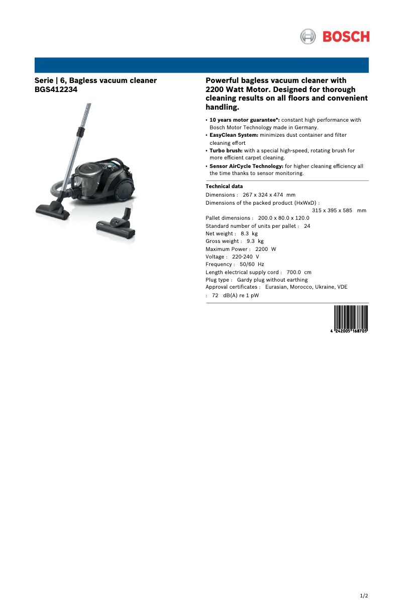 Página 1 del manual Ficha técnica Bosch BGS412234