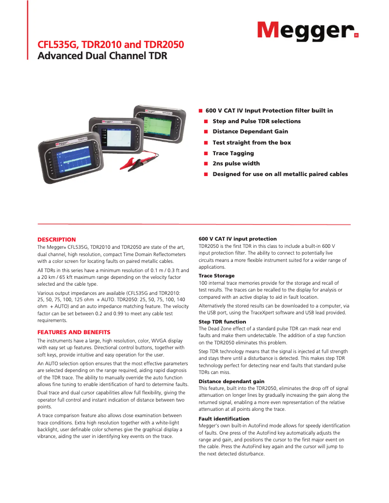 Página 1 del manual Ficha técnica Megger TDR2050