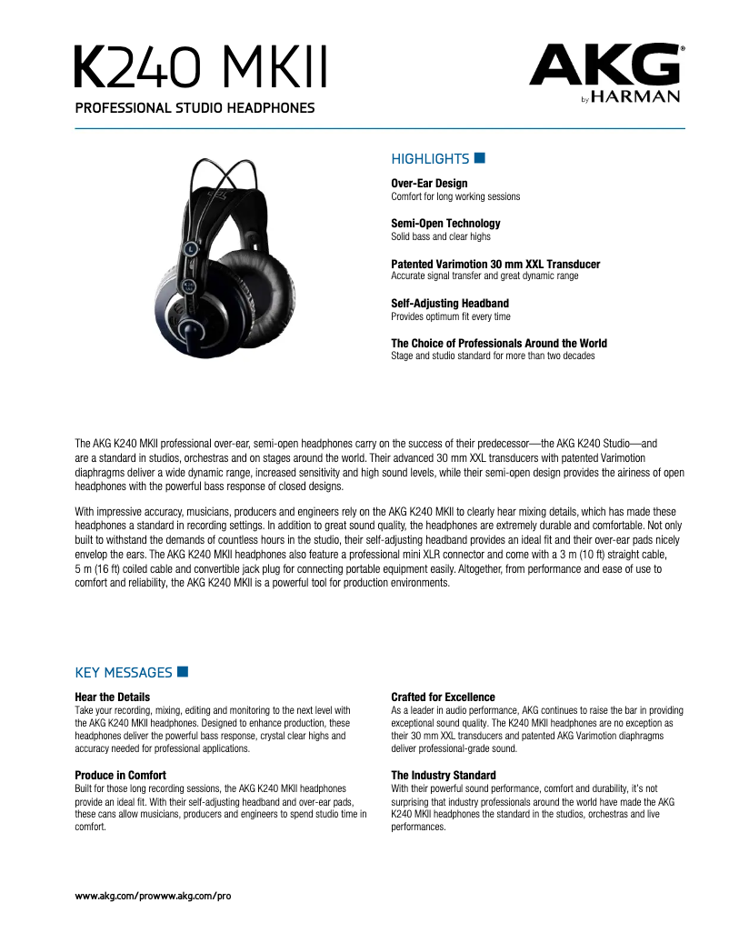 Página 1 del manual Ficha técnica AKG K240 MKII