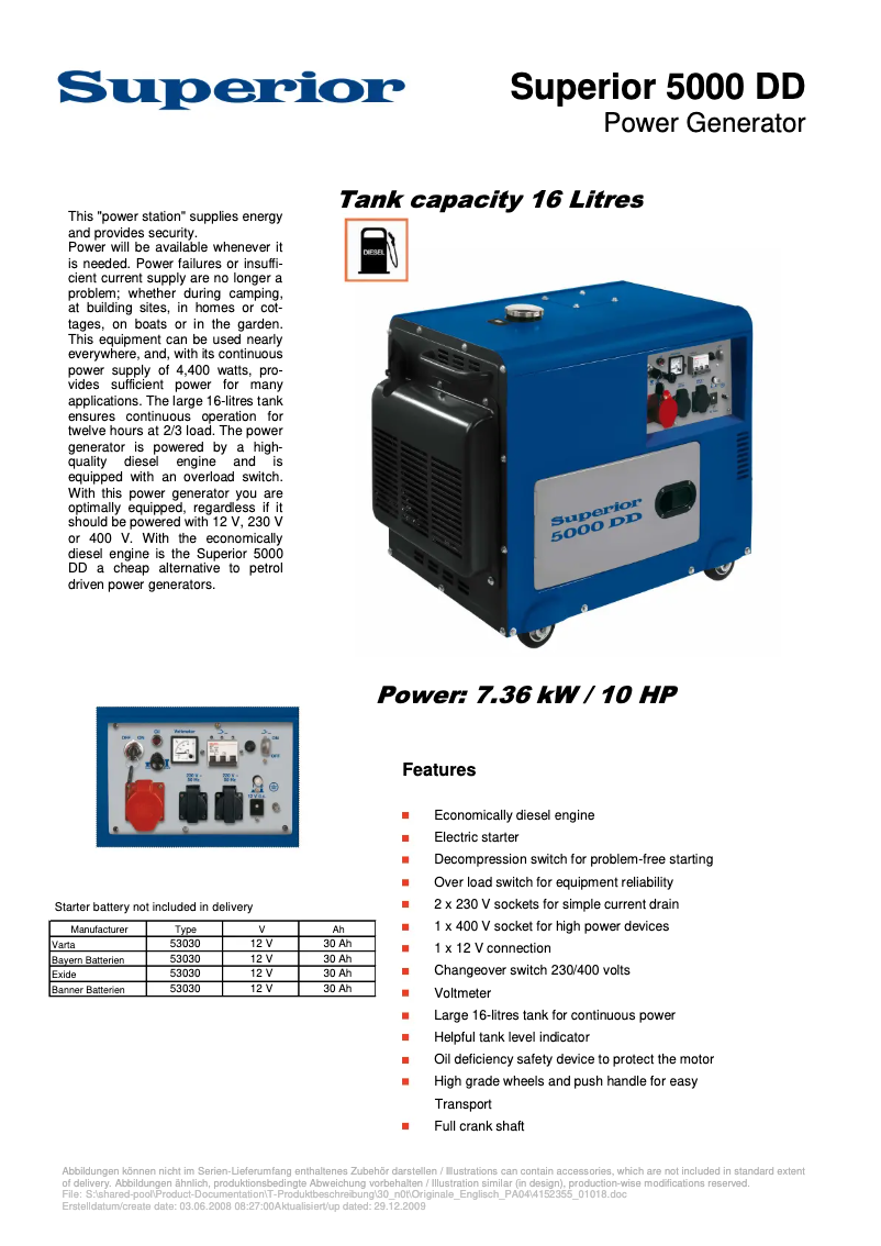 Página 1 del manual Ficha técnica Superior 5000 DD