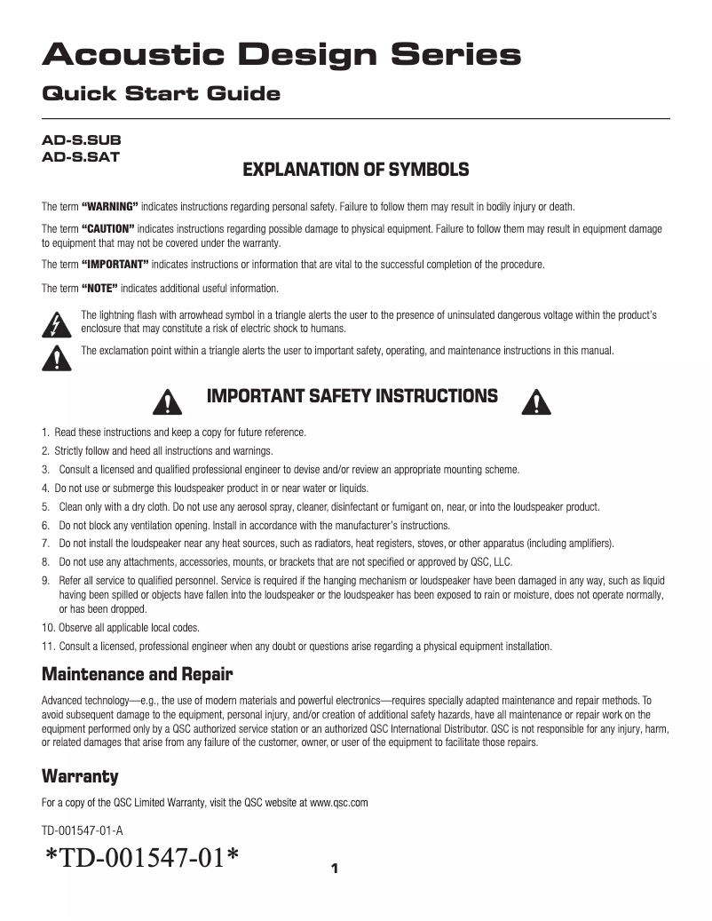 Página nº 1 - Manual de usuario QSC AD-S.SUB