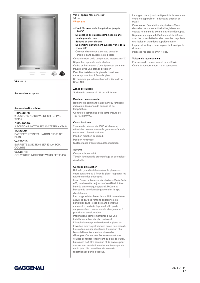 Página 1 del manual Ficha técnica Gaggenau VP414115