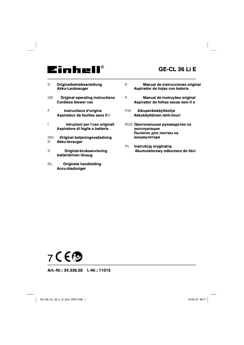 Página 1 del manual Manual de usuario Einhell GE-CL 36 LI E - SOLO