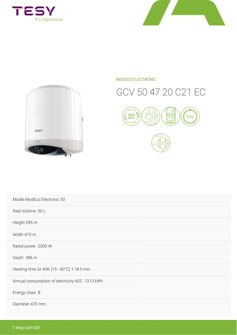 Página 1 del manual Ficha técnica Tesy ModEco Electronic 50