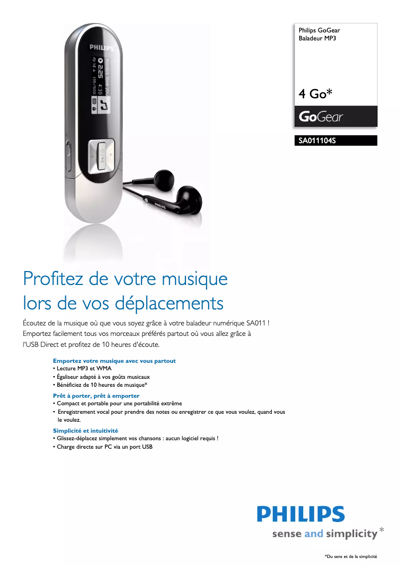 Página 1 del manual Ficha técnica Philips GoGear SA011104S