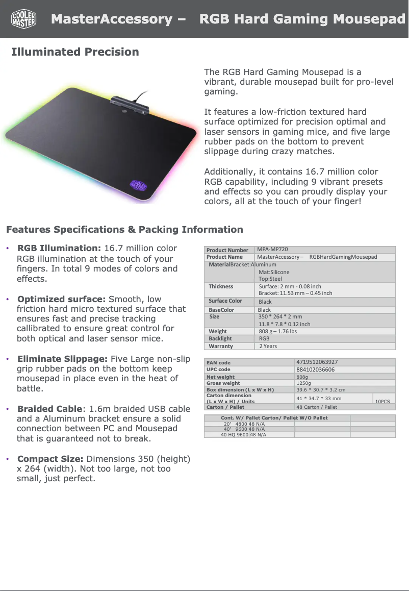 Página 1 del manual Ficha técnica Cooler Master RGB Hard Gaming Mouse Pad