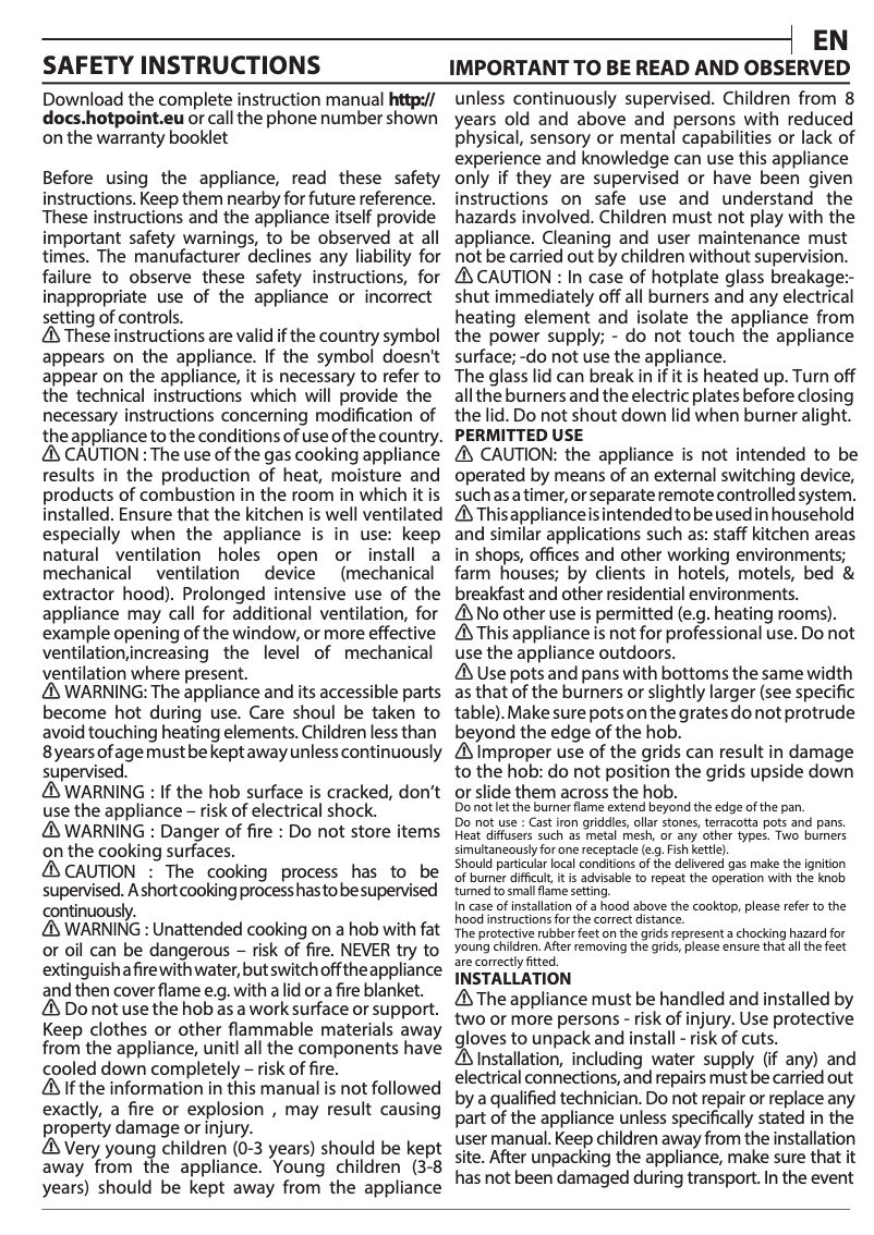 Página 1 del manual Manual de instrucciones Hotpoint PCN 642 /H(BK)