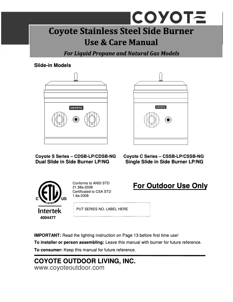 Página 1 del manual Ficha técnica Coyote CSSBLP