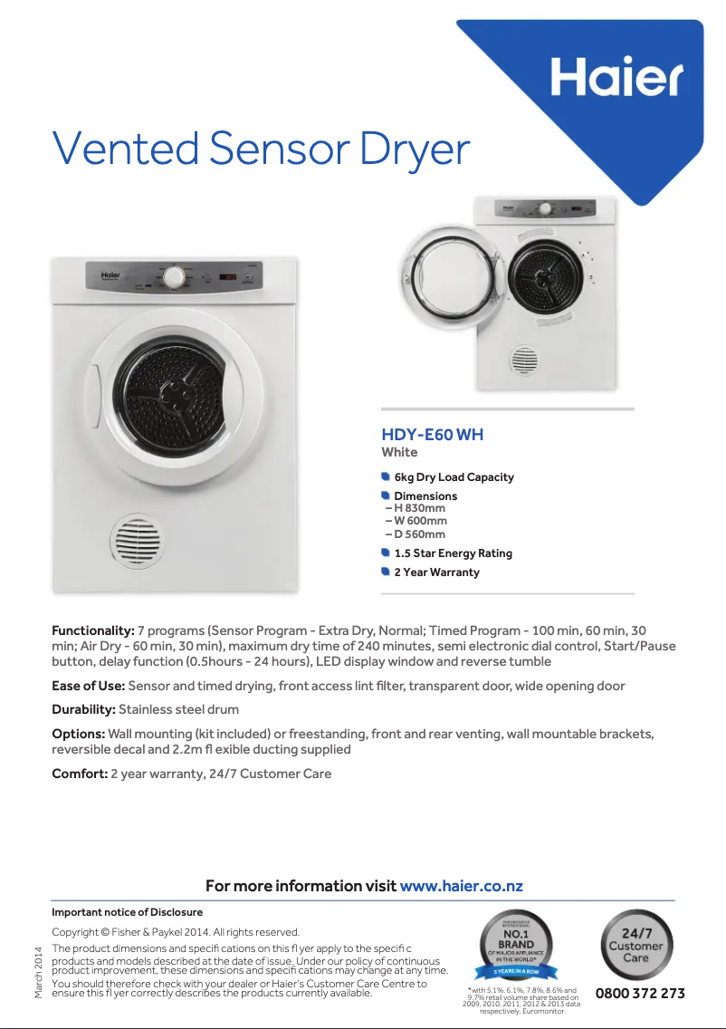 Página 1 del manual Ficha técnica Haier HDY-E60