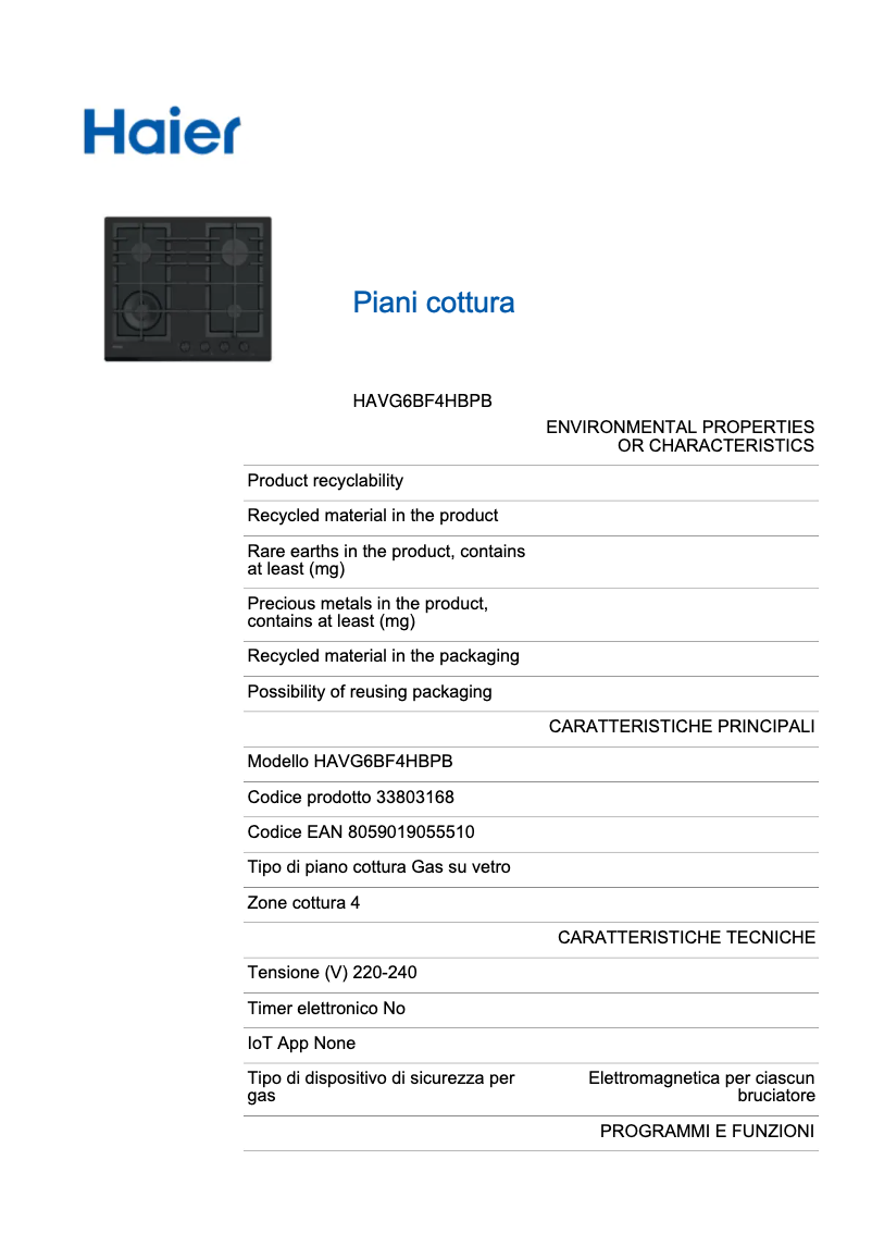 Imagen de la primera página del manual del dispositivo HAVG6BF4HBPB