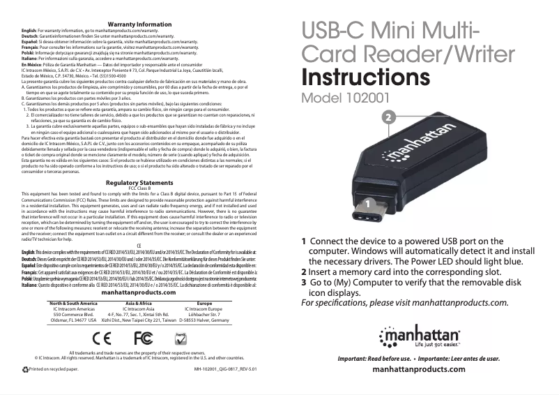 Página nº 1 - Manual de usuario Manhattan 102001